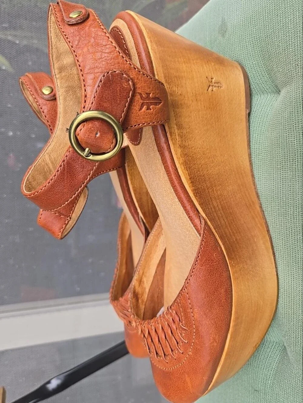 Frye Blair Cognac Leather Closed Toe Mary Jane Platform Wedges Size 10M